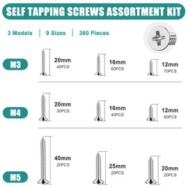 360 PCS Wood Screws Kits, M3 M4 M5 Self Tapping Screws Assortment Kit, Cross Recessed Flat Head Stainless Steel Screws Set With Storage Box - Suitable For Furniture Repair & Woodworking Projects