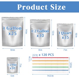 120 PCS Mylar Bags for Food Storage, 4 Sizes Long Term Food Storage Bags Stand-Up Zipper Resealable & Heat Sealable Airtight with 120 Labels