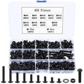 435 Pcs M5 Assorted Bolts and Nuts Set, Machine Screws Nuts and Bolts Set with Washers, Flat Head Washer Head Cross Head Screws Bolts Nuts Assortment Kit, Black Thread Fastener Screws and Nuts Set