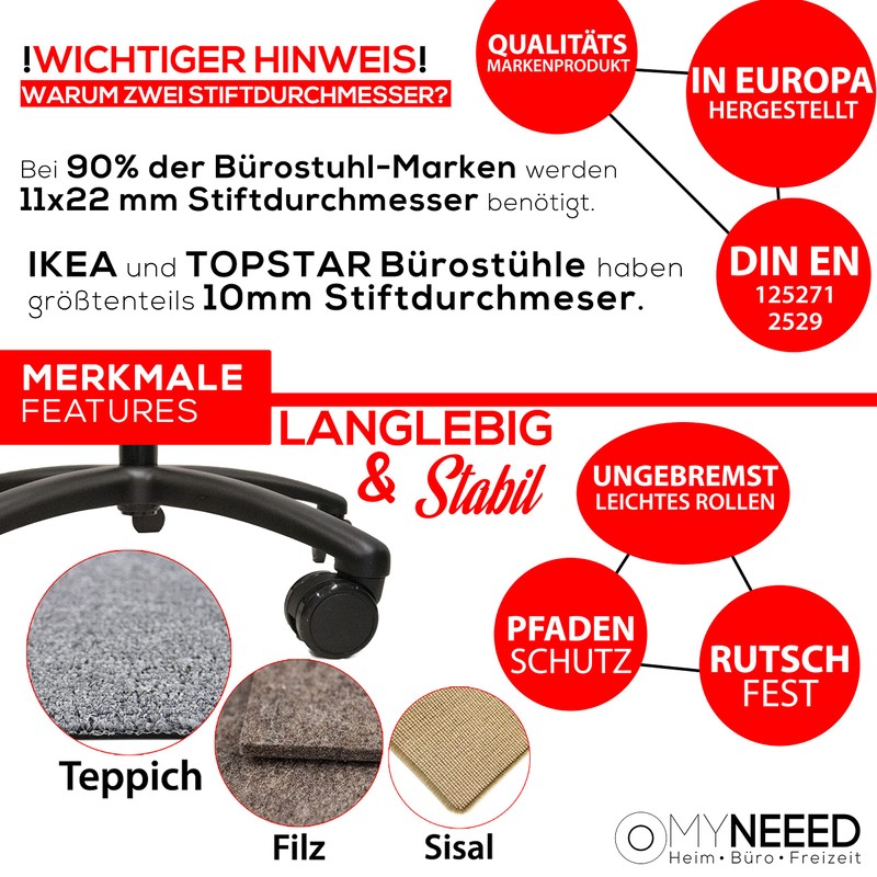 MYNEEED Office Chair Castors for Carpet, Soft Floor, Diameter 65