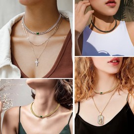 Prosteel Emerald Green Stone Jewelry Short Necklace For Women Teens Cuban Link Chain Choker