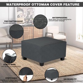 TOPHMDECOR Ottoman Cover Square,Waterproof Square Ottoman Covers Thick Slipcover for Living Room,Washable Storage Footstool Furniture Protector for Dogs,Pets,Charcoal Grey,Medium