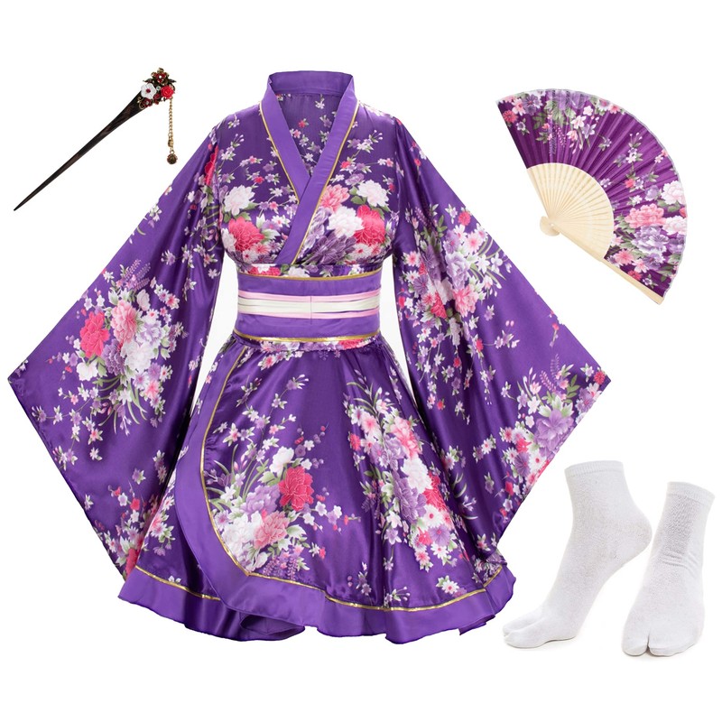 Japanese Anime Women's Dance Kimono Robe Fancy Dress Yukata Silk