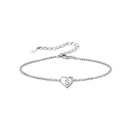 Women's Silver Bracelets, Lovely Heart Letter Charm Bracelet Initial S Hand Jewellery, Sterling Silver Chains Bracelets for Her