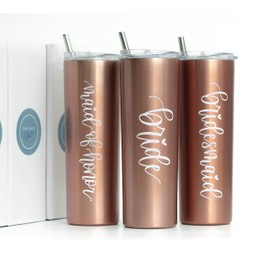 The Navy Knot Bridesmaid Wine Tumbler - Stainless Steel Skinny Insulated Tumblers w/ Lids & Straw - Stemless Wine Glass & Coffee Cup - Gifts for Women, Traveler, Teens & Adults (Rose Gold, 20 Oz)