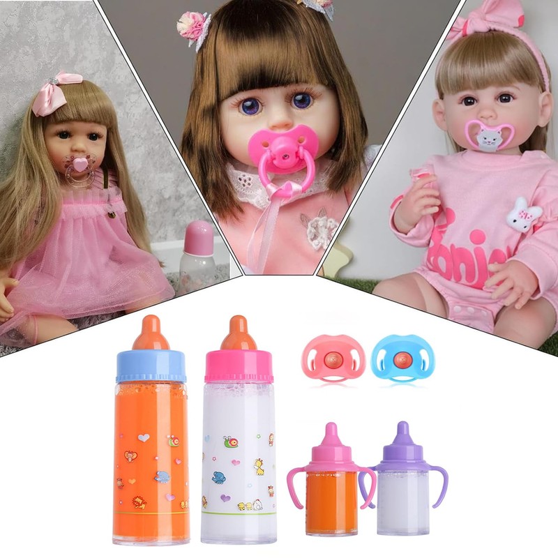 JINJUMEI 4 Stück Puppenflasche Mit Milch und 2 Stück Puppenschnuller,