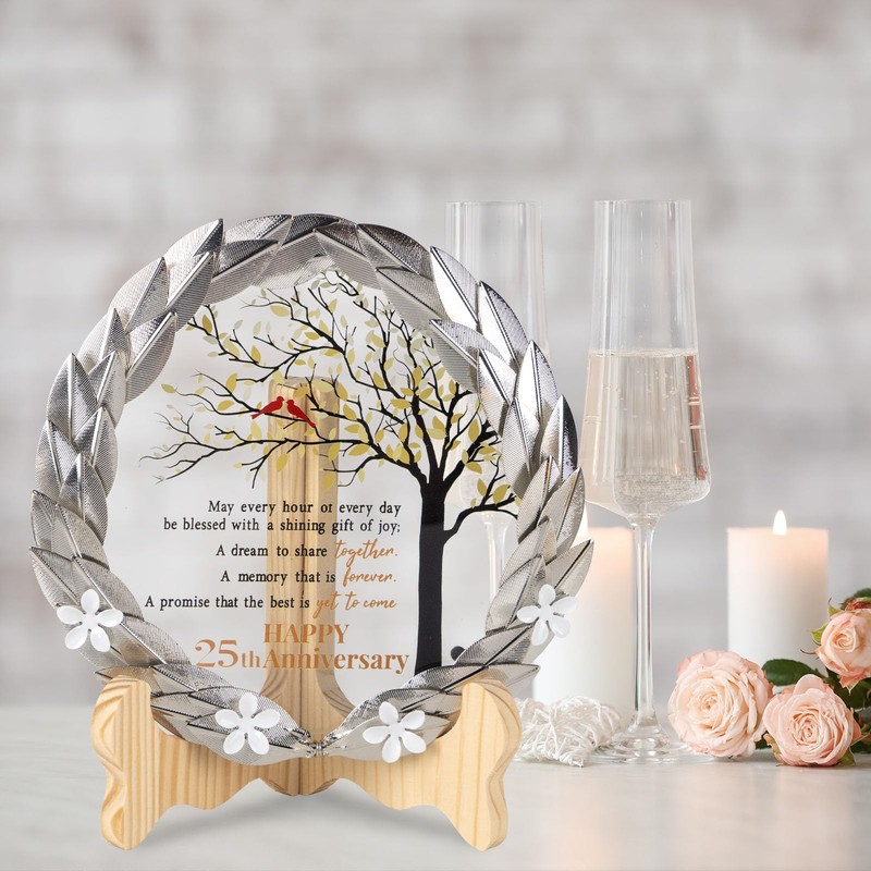 25th Anniversary Wedding Gifts Crystal Plate with Gold Leaf Wreath