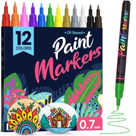 Permanent Oil Based Paint Markers: Fine Point Oil Paint Pen, 12 Colors Fine Tip Waterproof Marker Pen for Rock Painting, Mark Metal, Engineer Detail Work, Wood Craft, DIY Christmas Gift, Porcelain Art