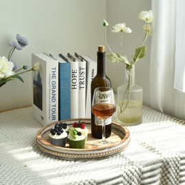 Beaded 13-Inch Round Wooden Tray Rustic Brown Serving Platter for Coffee Table Centerpieces Ottomans and Farmhouse-Style Counters Versatile Home Decor for Living Rooms