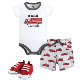 Hudson Baby baby boys Bodysuit, Hudson Unisex Cotton Bodysuit Shorts and Shoe Set Firetruck Hero 3 6 Months, Firetruck Hero, 3-6 Months US