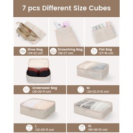 Besttravel Koffer Organizer, Wasserdicht &Leicht Packing Cubes, 7 Stück in Verschiedenen Größen Packwürfel, Perfekte Kofferorganizer zum Organisieren von Urlaubsgepäck, Beige