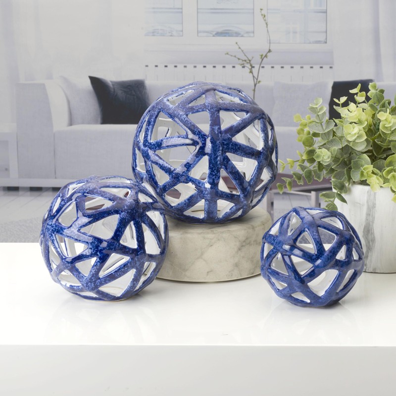 Elements Decorative Ceramic Cutout Spheres, Blue, Set of 3, 4,