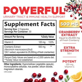 Cranberry Pills Supplement 25,000mg - Fresh Cranberry Equivalent Powder Extract with Vitamins C & E - Urinary Tract Health Support, Cran Berry Fruit, Sugar Free Formula, Bottled in USA - 60 Capsules