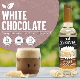 Syruvia White Chocolate Syrup – White Chocolate Coffee Syrup Flavor, 25.4 fl oz, Kosher, Gluten Free, Perfect for Coffee, Drinks, Soda, Desserts, and More, With Syrup Pump