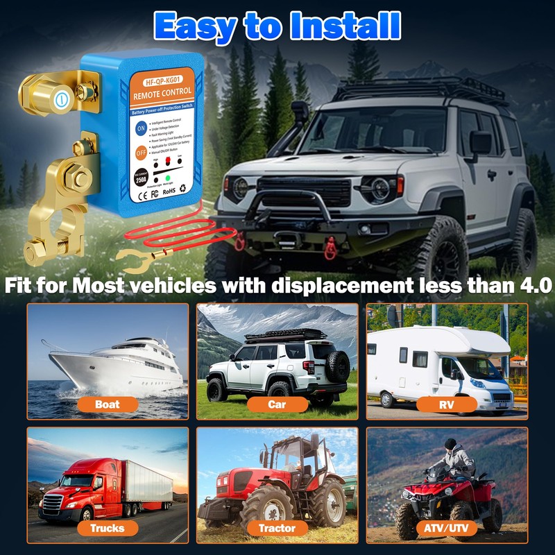 Aoteda Kill Switch for Car, 250A 12V/24V Remote Battery Disconnect