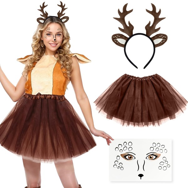 Deer Reindeer Costume Women's with Brown Tulle Skirt Women's Deer