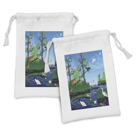 Ambesonne Animal Fabric Pouch Set of 2, Digital Cartoon Print of Wild Fauna Around River Nature Themed, Small Drawstring Bag for Toiletries Masks and Favors, 9" x 6", Pale Sky Blue Multicolor