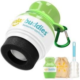 Solar Buddies Grab & Go Travel Bundle, Carabiner Clip & Cleaning Brush - Green - Full Size - Refillable Roll-On Sponge Sunscreen & Lotion Applicator for Kids, Adults & Families - 100ml