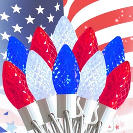 Red White and Blue Decorations Patriotic Lights Outdoor, 25Ft Red White Blue Lights 25 LED Strawberry C9 Christmas Light, Plug in 4th of July Light for Indoor Party Memorial Day Independence Day