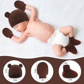 4 Pack Preemie Hats Mittens and Socks Set Soft Cotton Warm Bear Ear Preemie Beanie, Newborn Hospital Hat for Baby Boys Girls