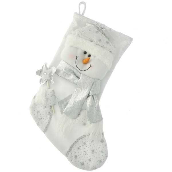 WeRChristmas Christmas Stocking with 3D Snowman Head Decoration, 48 cm - Silver/White
