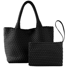 SporGenius Woven Tote Bag Vegan Leather Bags for Women Large Top Handle Shoulder Handbag with Handwoven Purse (Black)