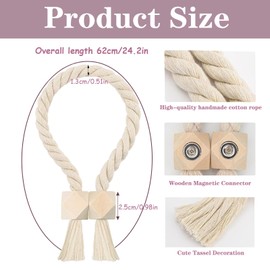 Pack of 4 Magnetic Curtain Tiebacks, Curtain Holders, Tiebacks Made of Wood, Boho, Handwoven Curtains Tiebacks, Curtain Holders, Magnetic Tiebacks, Cotton Rope for Home Office Curtains Decoration