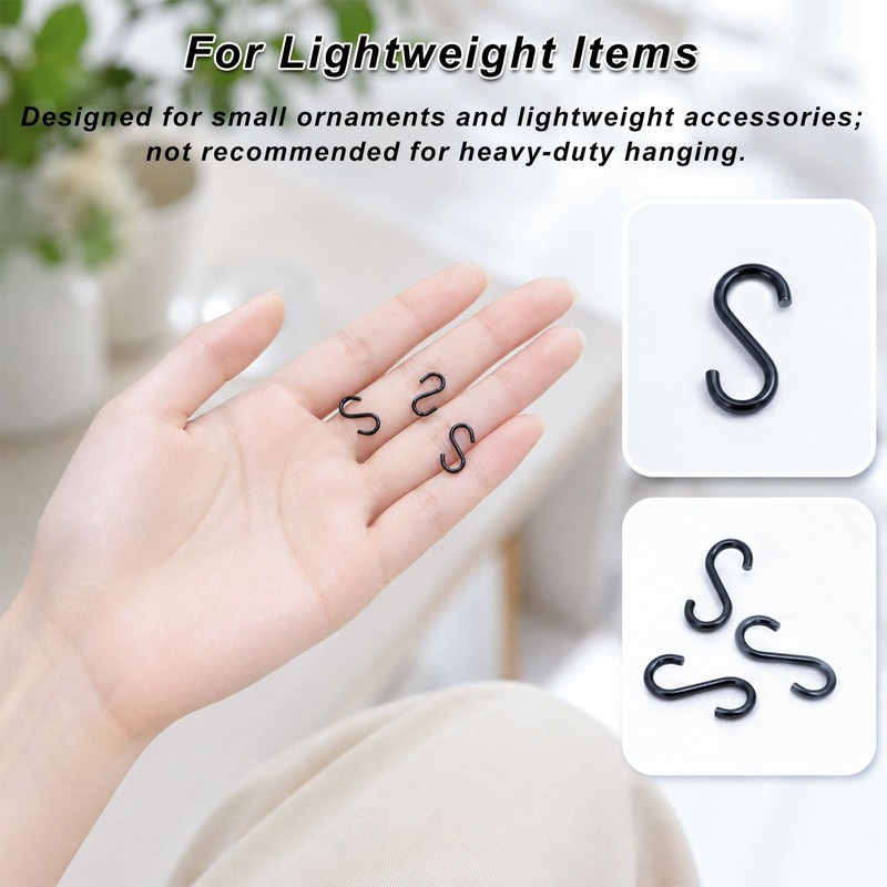 200PCS Mini Black S Hooks for Jewelry Hanging, Christmas Ornaments,