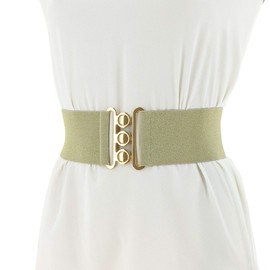 FASHIONGEN - Wide Waist Elasticated Woman Belt Made in France, GLORIA - Beige with Golden Lurex (Golden buckle), XL/waist size 34 to 36