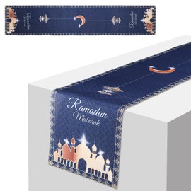 Ramadan Mubarak Table Runner, 70.87x13.78 inch Ramadan Table Cloth Blue Ramadan Tablecloth for Table Happy Ramadan Mubarak Table Cover Decorations