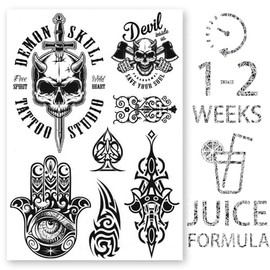 AWAKEN Temporary Fake Juice Tattoos for Men Arm Semi Permanent Stickers Waterproof Plant-Based Lasts 1-2 Weeks Pack of 3 Sheets Skull Design (Design 24)