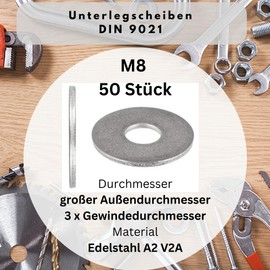 Washers M8 (Large Outer Diameter) DIN 9021 ISO 7093 Washers Body Washers A2 V2A Stainless Steel Washers M8 Pack of 50