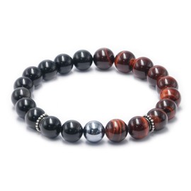 Red Tigers Eye Bead Bracelet for Men Women, COLORFEY Triple Protection Crystals Energy Beads Tiger Eye Obsidian Beaded Bracelet, 10mm Elastic Terahertz Healing Stone Bracelets Set for Him Relax