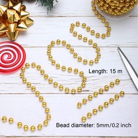 YUNSTK 15M Bead Garland for Christmas Tree, Christmas Bead Chain, Gold Bead Garland, Pearl Garland String for Craft Xmas Tree Wedding Decorations 5mm*15m