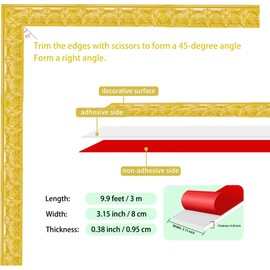 Flexible Self-Adhesive Molding Trim - 9.9 Feet Peel and Stick Wall, Ceiling, Cabinet Border, Mirror Frame for Home Decor (Gold)
