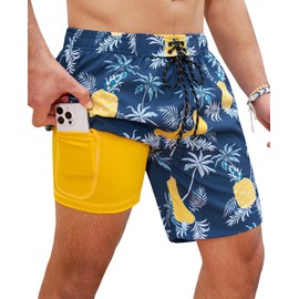 Gleeease Mens Swim Trunks 7 Inch Inseam Compression Liner Bathing Suit 2 in 1 Printed Board Shorts with Pockets Pineapple