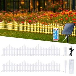 Hopolon 8 Pack 36LED Lighted Garden Fence,13.7x11.8inch Christmas Tree Fence Lights Plug in,8 Modes White Plastic Edgings Picket Decorative Fence for Landscape Patio Yard Path Home Xmas,Warm White