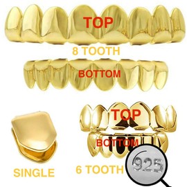 Solid 925 Sterling Silver Grillz - 14K Yellow Gold Finish - 6 Or 8 Tooth Or Single Caps/Top & Bottom Grills For Teeth - Real Solid Silver Fronts Don't Change Color (Single Cap)