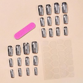 Sliver Chrome Press On Nails medium Square False Nails Glossy Metal Fake Nails Mirror Plating Full Cover False Nails Natural Acrylic Nails Reusable Stick on Nails for Women Girls Nail Decor 24Pcs