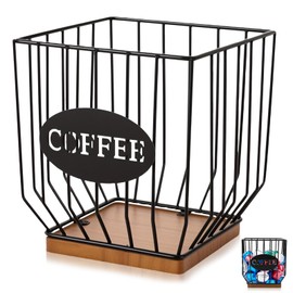 BTBHIHO Square Coffee Capsule Holder with Lid, Black Metal & Wood Coffee Pod Organizer, Corrosion-Resistant Iron Frame, Storage Basket for Bar Restaurant Home Kitchen