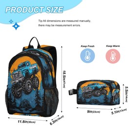 Cartoon Monster Truck Kids Backpack for Girls Boys School Bookbag with Insulated Lunch Box for Elementary Hight School Student Teen Girls Backpacks