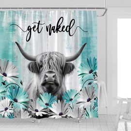 Farmhouse Highland Cow Shower Curtain Get Naked Rustic Western Bull Teal Turquoise Daisy Floral Fabric Bathroom Decor Curtains with Hooks,70 x 70