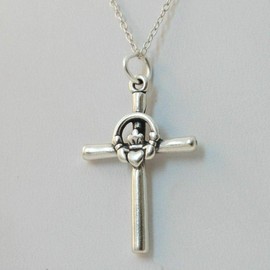 Cross Statement Chunky Pendant Rhinestone Necklace for Women Silver- Irish Love Loyalty Friendship