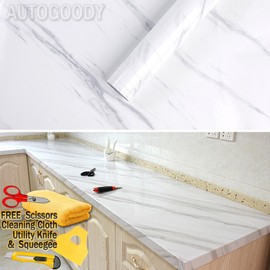 AutoGoody 4ft x 30ft Gloss White Marble Granite Stone Wallpaper Vinyl Wrap Film 48" x 360"
