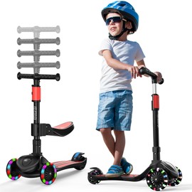 2-in-1 Adjustable Kick Scooter for Kids 3-5 (Suitable 3-12 Years),5-Level Handlebar & Removable Seat, LED Light-Up Wheels, Wide Deck, Foldable Design for Indoor/Outdoor Use - Girls & Boys, Black