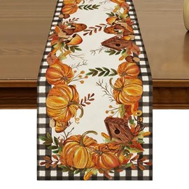 Fall Pumpkins Buffalo Plaid Table Runner 13x72 Inch Kitchen Dining Seasonal Harvest Mushrooms Birdhouse Leaves Table Decor for Indoor Outdoor Farmhouse Home Party Decoration ZQ133