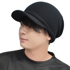Loo&c Knit Hat with Brim Men's, Large Size, 100% Cotton, Knit Cap, Loose Fit, Knit Casket, All Seasons, Cold Protection, Unisex, Cotton, Medical Hat, Black