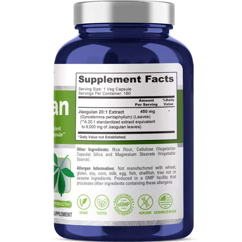 NusaPure Jiaogulan 9000 mg 180 Veggie Capsules (Extract 20:1, Vegetarian)