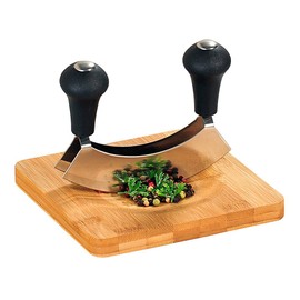Kesper | Kräuterschneidebrett mit Wiegemesser, Material: Bambus, Edelstahl, Maße: 16 x 16 x 1,8 cm, Farbe: Braun, Silber | 50646