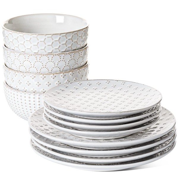 LE TAUCI Dinnerware Sets 12 Piece, Ceramic Plates and Bowls Set, House Warming Wedding Gift, Serve for 4 (10" Dinner Plates + 8" Salad Dish + 26 oz Cereal Bowl) x 4, Dishwasher safe - Arctic White
